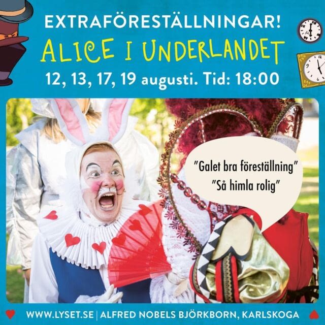 .
🐇 IKVÄLL TORSDAG 18:00 🐇

”Jag måste, jag måste, jag måste ju hinna” sjunger vår lilla kanin, hinner hen fram i tid??

Ikväll ska det vara 19-20 grader, svag vind och uppehåll. Klockan 18:00 börjar vi, biljetter går att köpa på plats på Björkborn i Karlskoga från 17:00.

Ers Majestät väntar på er, välkomna!

#aliceiunderlandet #teaterföreningenlyset #björkborn #sommarteater #familjeföreställning